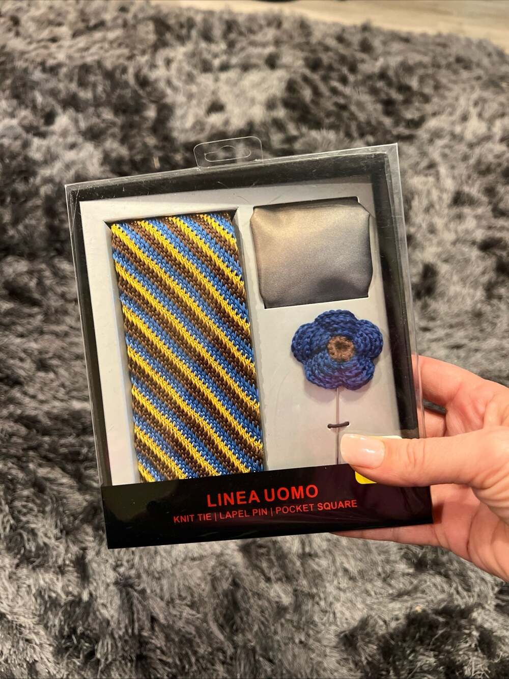 Tie Pocket Square Lapel Pin Men's Blue Brown Multi 3 Piece Gift Set Linea Uomo